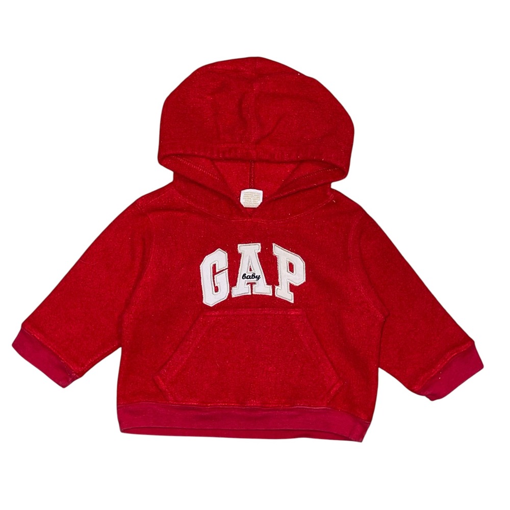 Vintage Y2K Baby Gap Red Fleece Hoodie Arch Logo Sweatshirt 6-12 Months Kids Red